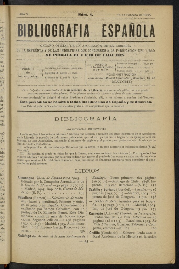 Miniatura de Bibliografía Española del 16 de febrero de 1905