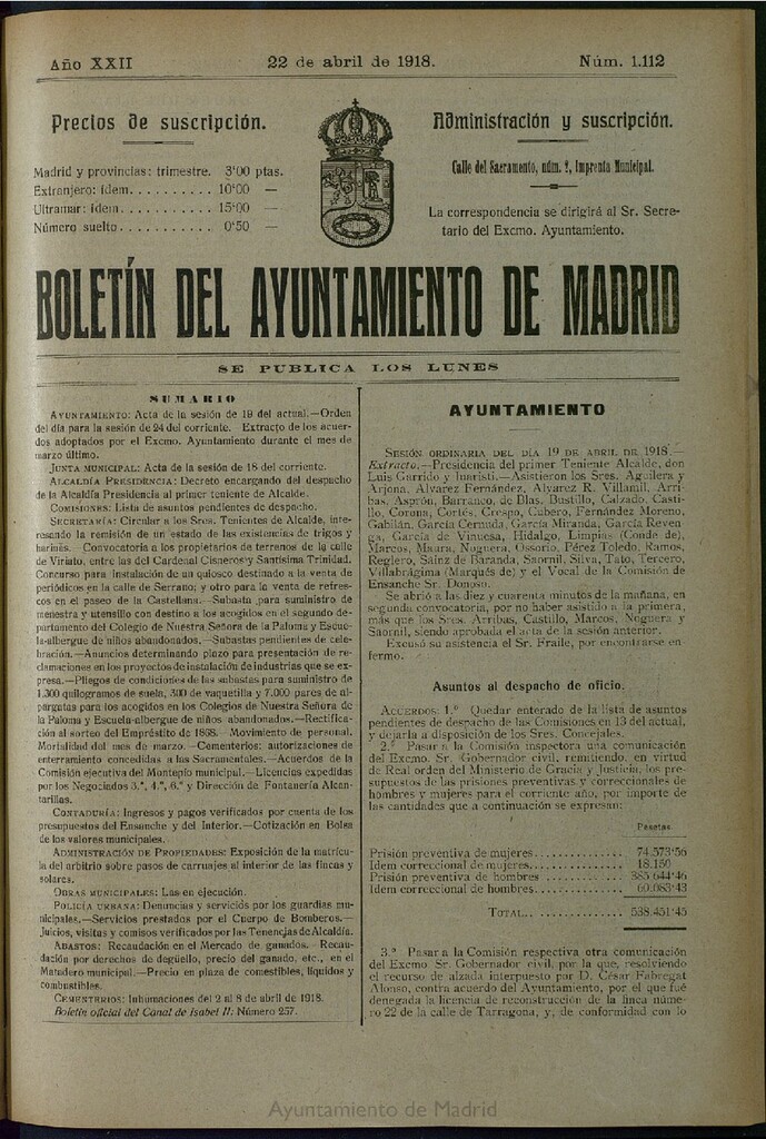 Miniatura de Boletín Oficial del Ayuntamiento de Madrid del 22 de abril de 1918, nº 1112