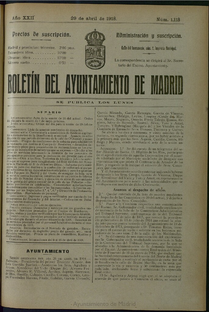 Miniatura de Boletín Oficial del Ayuntamiento de Madrid del 29 de abril de 1918, nº 1118