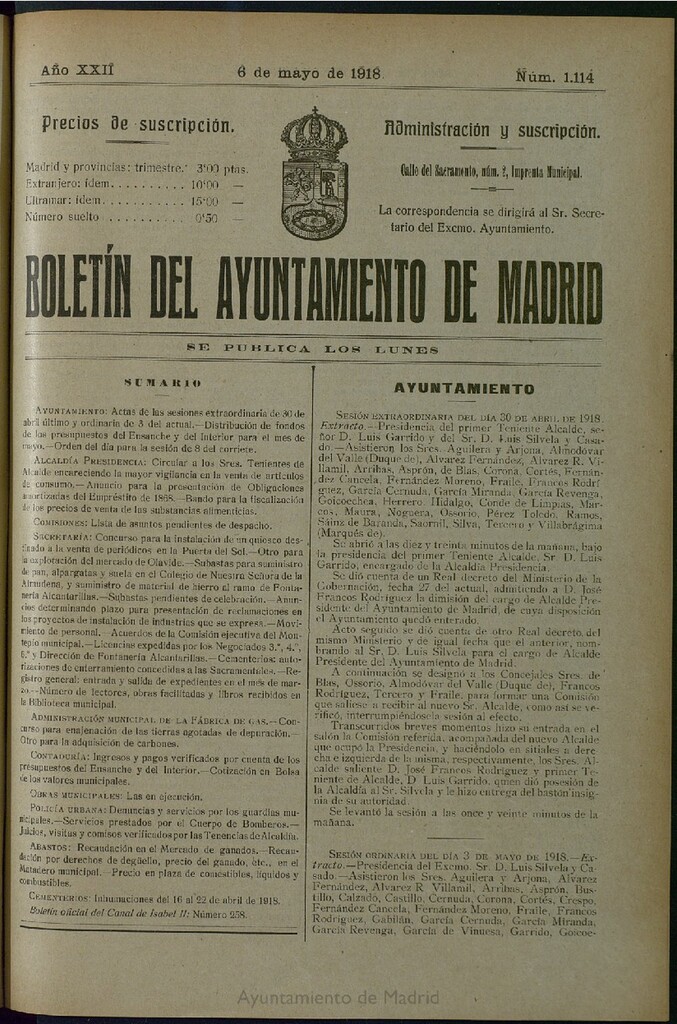 Miniatura de Boletín Oficial del Ayuntamiento de Madrid del 6 de mayo de 1918, nº 1114