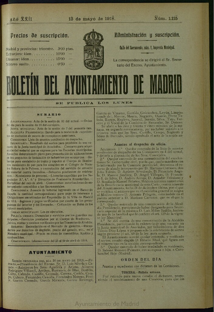 Miniatura de Boletín Oficial del Ayuntamiento de Madrid del 13 de mayo de 1918, nº 1115