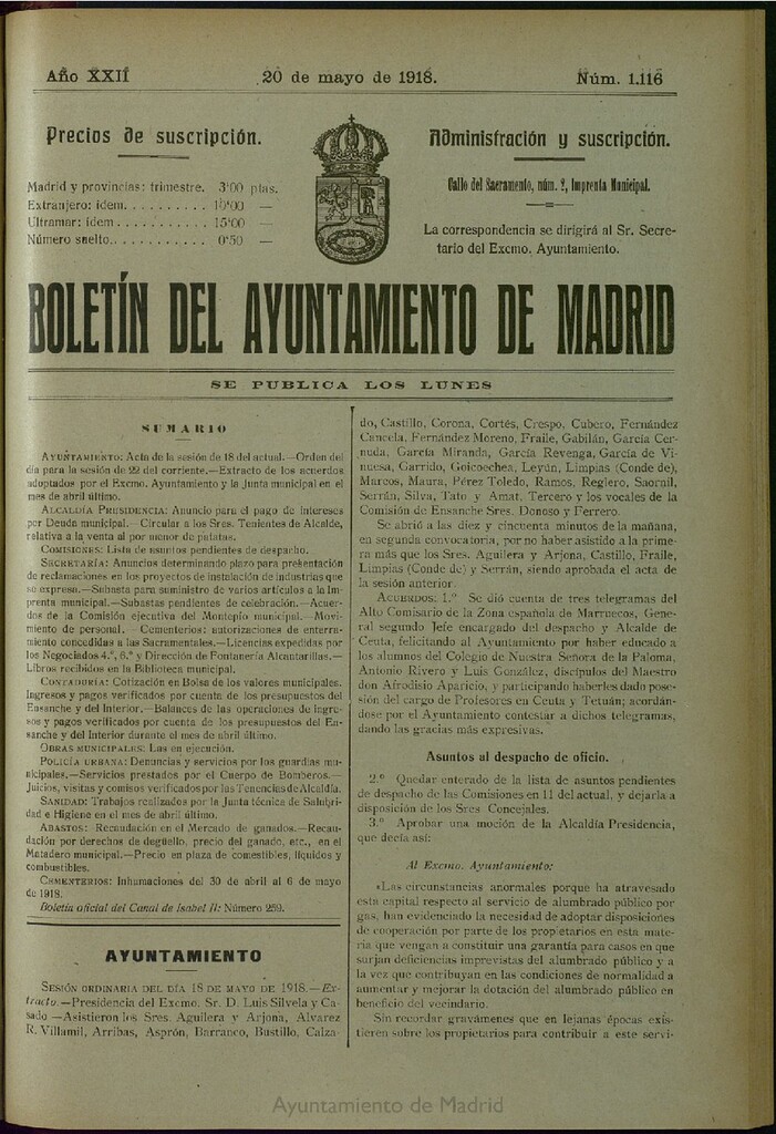 Miniatura de Boletín Oficial del Ayuntamiento de Madrid del 20 de mayo de 1918, nº 1116