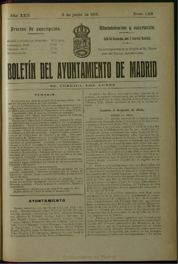Miniatura de Boletín Oficial del Ayuntamiento de Madrid del 3 de junio de 1918, nº 1118