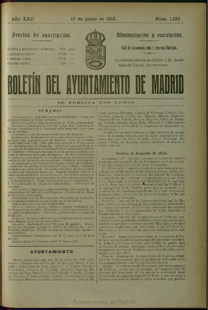 Miniatura de Boletín Oficial del Ayuntamiento de Madrid del 17 de junio de 1918, nº 1120