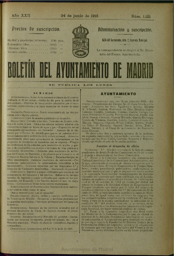 Miniatura de Boletín Oficial del Ayuntamiento de Madrid del 24 de junio de 1918, nº 1121