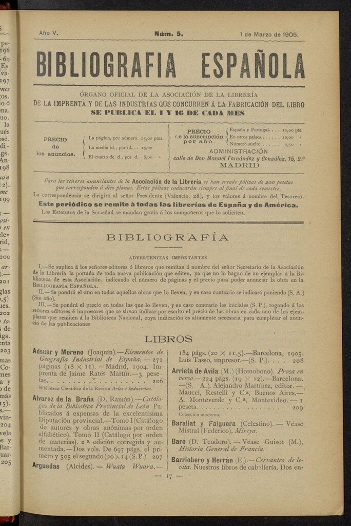Miniatura de Bibliografía Española del 1 de marzo de 1905