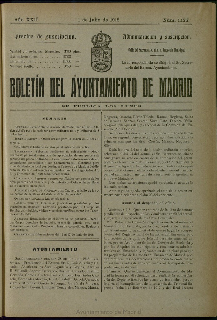 Miniatura de Boletín Oficial del Ayuntamiento de Madrid del 1 de julio de 1918, nº 1122