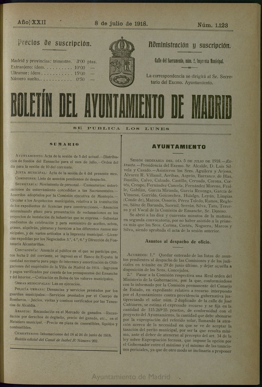 Miniatura de Boletín Oficial del Ayuntamiento de Madrid del 8 de julio de 1918, nº 1123