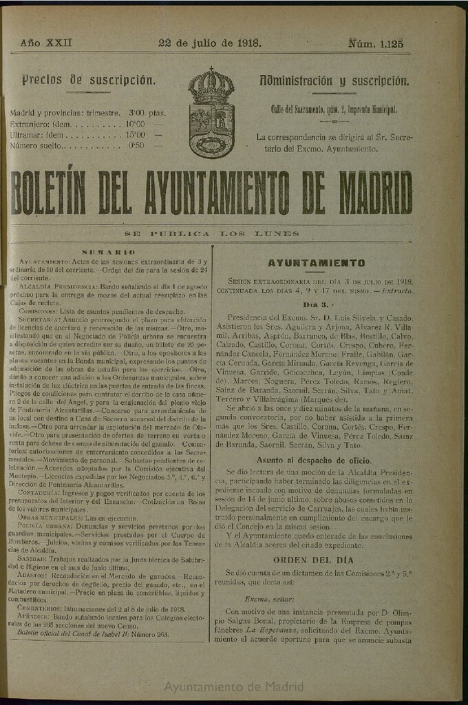 Miniatura de Boletín Oficial del Ayuntamiento de Madrid del 22 de julio de 1918, nº 1125