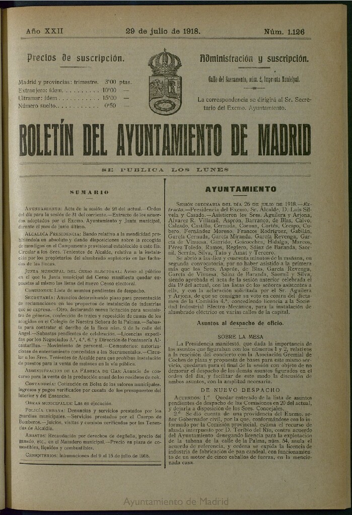 Miniatura de Boletín Oficial del Ayuntamiento de Madrid del 29 de julio de 1918, nº 1126