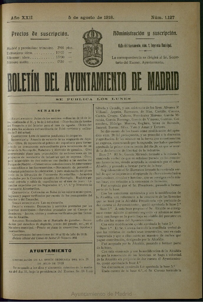 Miniatura de Boletín Oficial del Ayuntamiento de Madrid del 5 de agosto de 1918, nº 1127