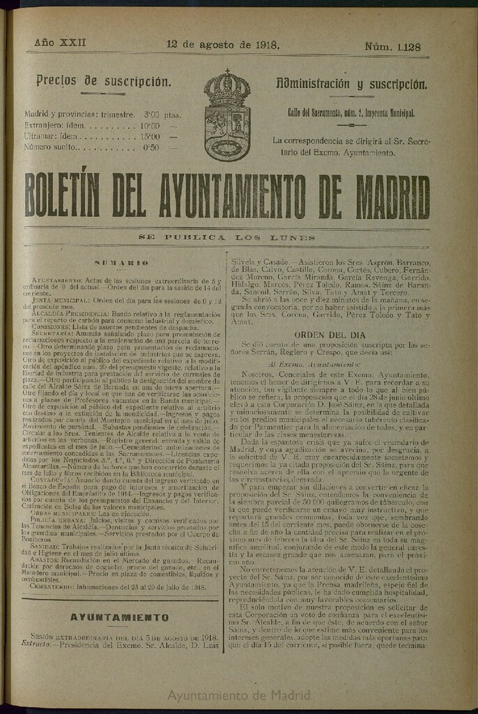 Miniatura de Boletín Oficial del Ayuntamiento de Madrid del 12 de agosto de 1918, nº 1128