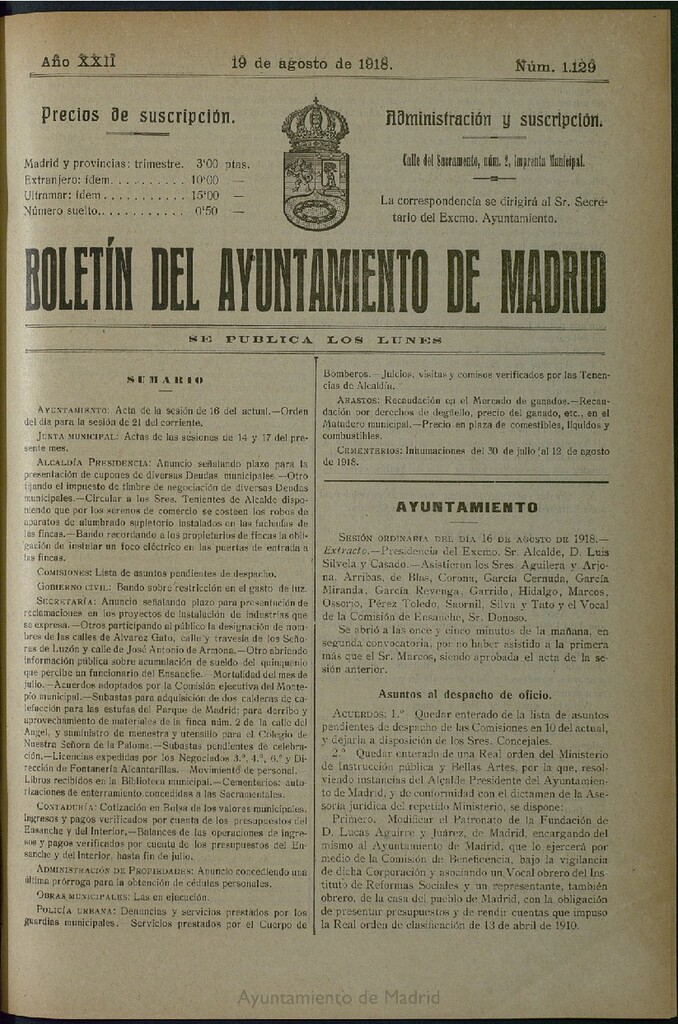 Miniatura de Boletín Oficial del Ayuntamiento de Madrid del 19 de agosto de 1918, nº 1129