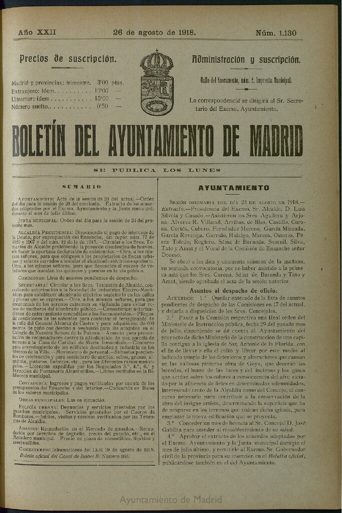 Miniatura de Boletín Oficial del Ayuntamiento de Madrid del 26 de agosto de 1918, nº 1130