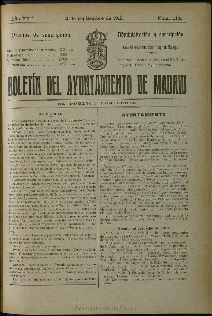 Miniatura de Boletín Oficial del Ayuntamiento de Madrid del 2 de septiembre de 1918, nº 1131