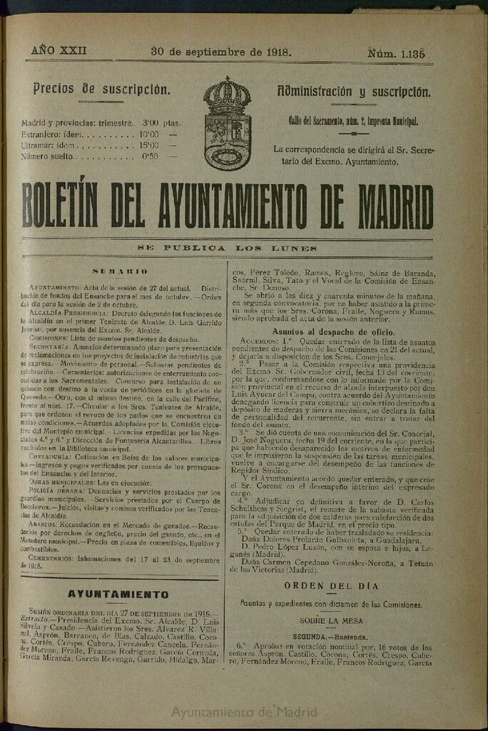 Miniatura de Boletín Oficial del Ayuntamiento de Madrid del 30 de septiembre de 1918, nº 1135