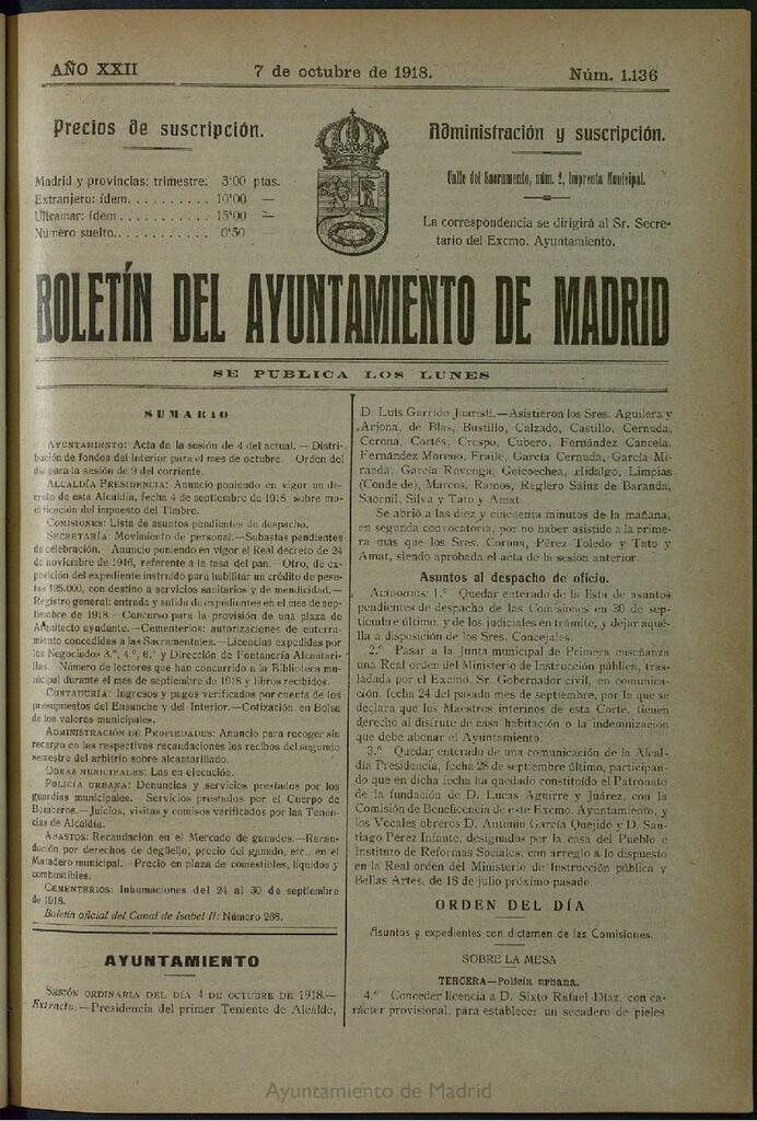Miniatura de Boletín Oficial del Ayuntamiento de Madrid del 7 de octubre de 1918, nº 1136