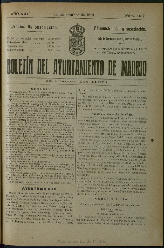 Miniatura de Boletín Oficial del Ayuntamiento de Madrid del 14 de octubre de 1918, nº 1137