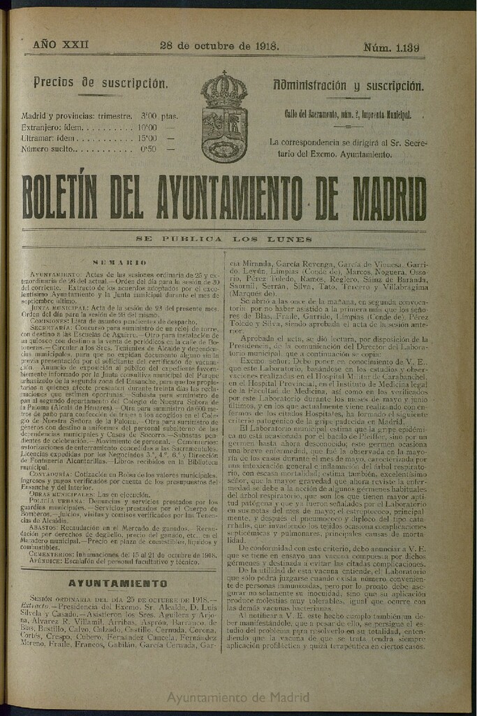 Miniatura de Boletín Oficial del Ayuntamiento de Madrid del 28 de octubre de 1918, nº 1139