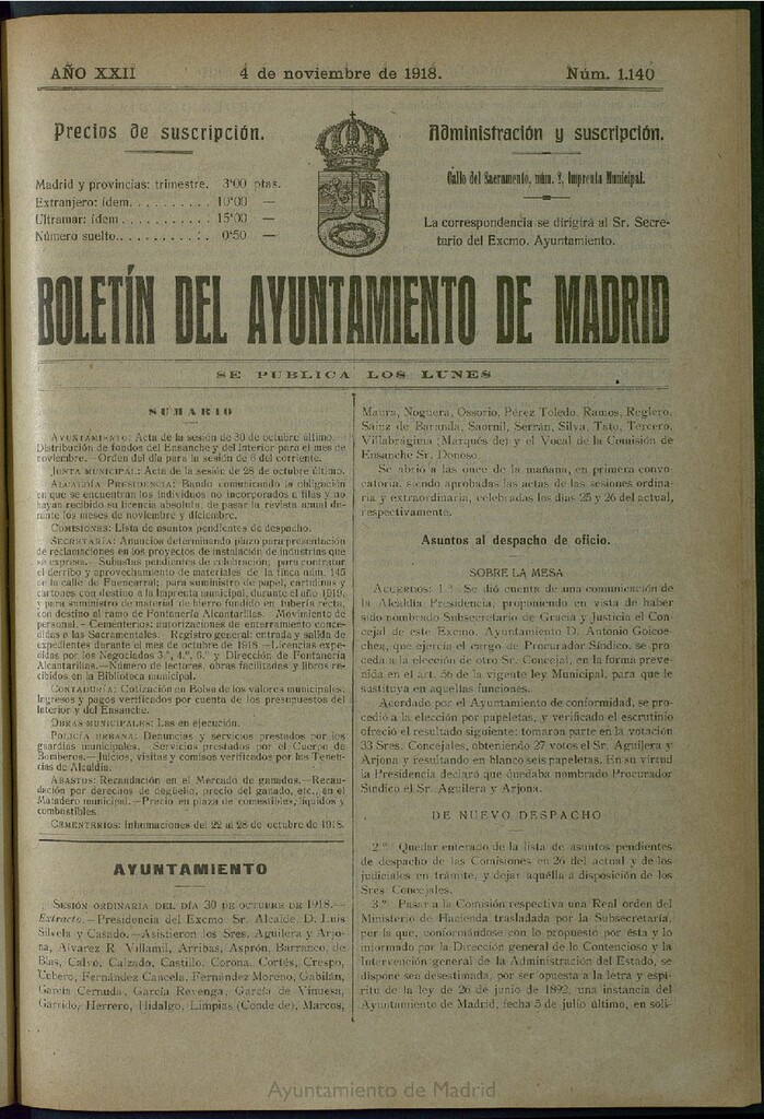 Miniatura de Boletín Oficial del Ayuntamiento de Madrid del 4 de noviembre de 1918, nº 1140