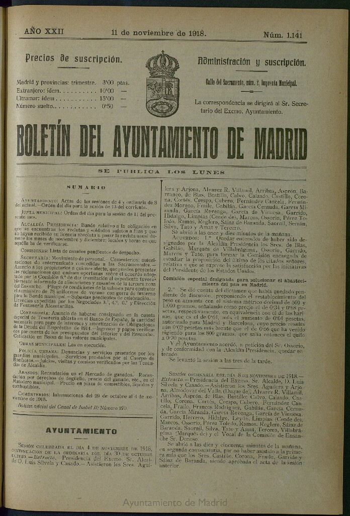 Miniatura de Boletín Oficial del Ayuntamiento de Madrid del 11 de noviembre de 1918, nº 1141