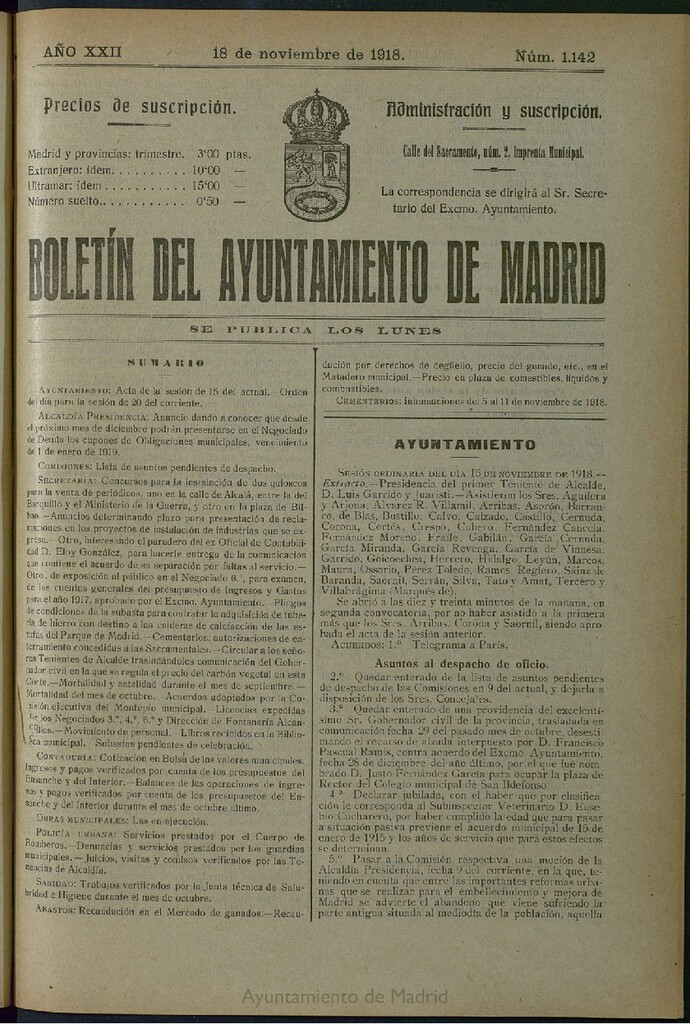 Miniatura de Boletín Oficial del Ayuntamiento de Madrid del 18 de noviembre de 1918, nº 1142