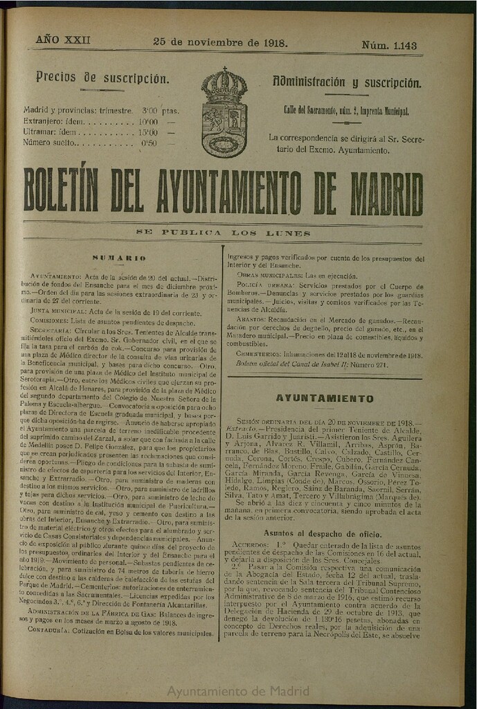 Miniatura de Boletín Oficial del Ayuntamiento de Madrid del 25 de noviembre de 1918, nº 1143
