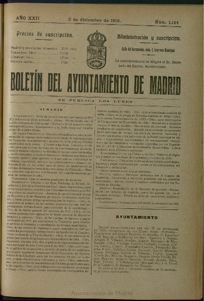 Miniatura de Boletín Oficial del Ayuntamiento de Madrid del 2 de diciembre de 1918, nº 1144