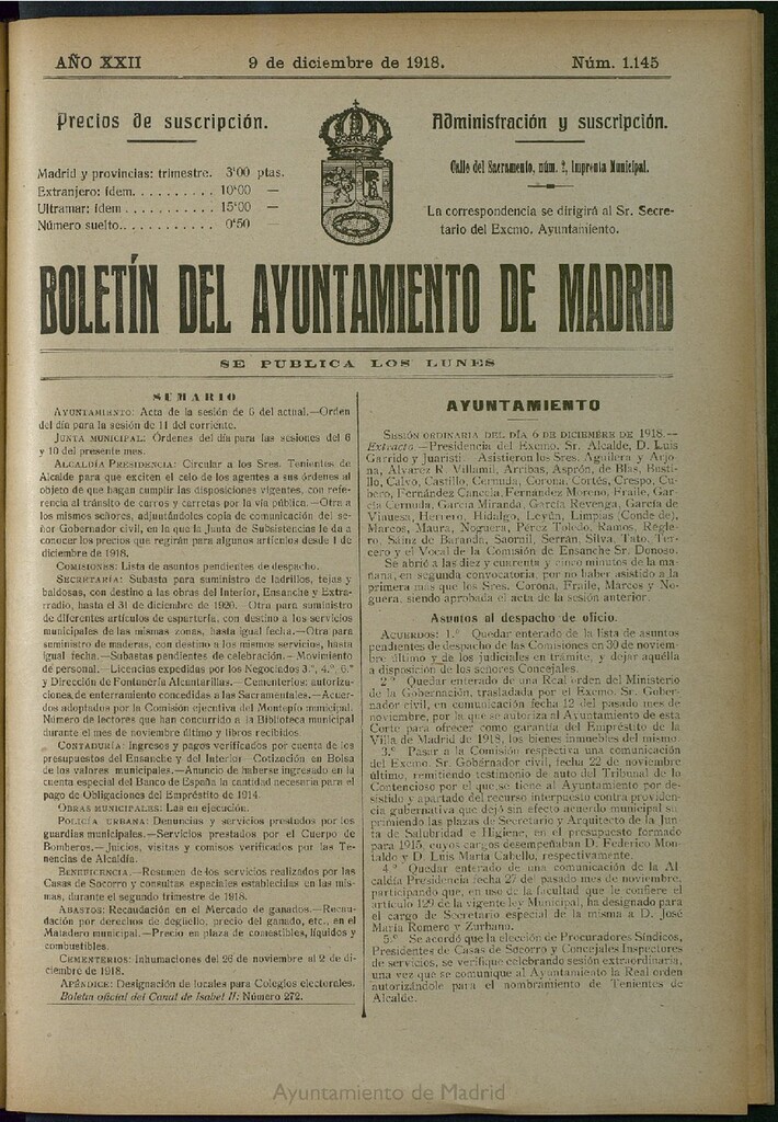 Miniatura de Boletín Oficial del Ayuntamiento de Madrid del 9 de diciembre de 1918, nº 1145
