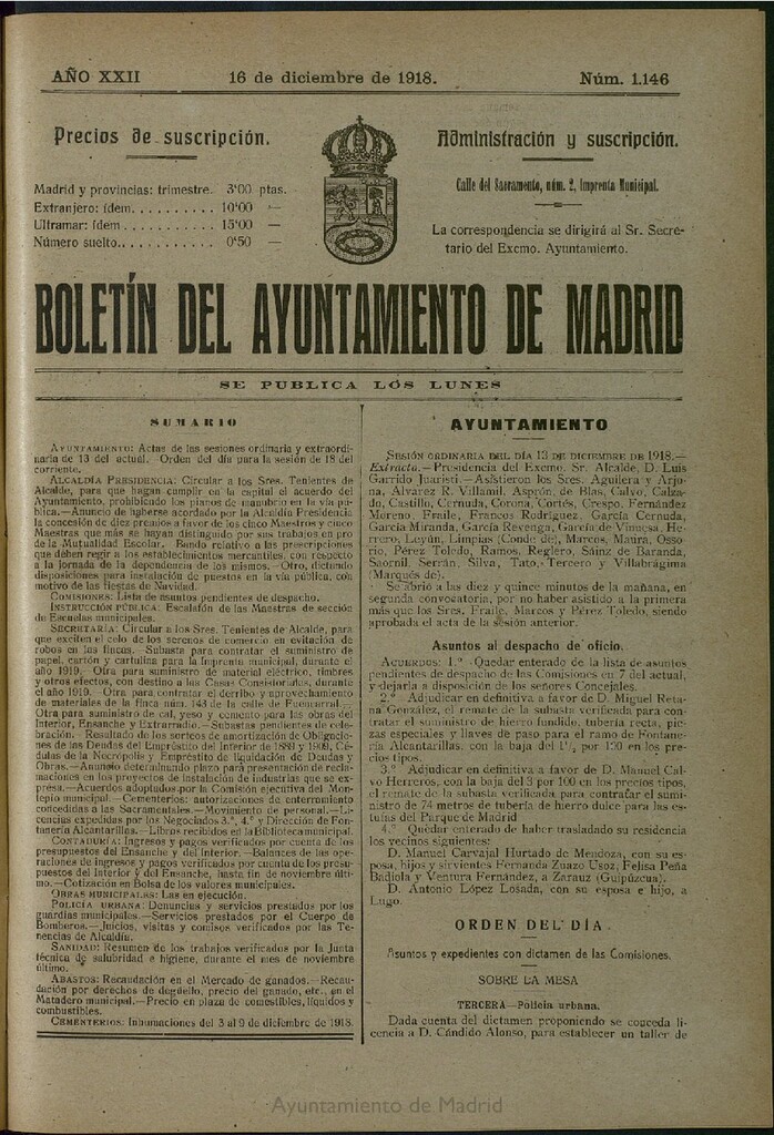 Miniatura de Boletín Oficial del Ayuntamiento de Madrid del 16 de diciembre de 1918, nº 1146