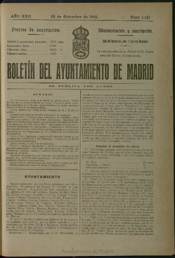 Miniatura de Boletín Oficial del Ayuntamiento de Madrid del 23 de diciembre de 1918, nº 1147