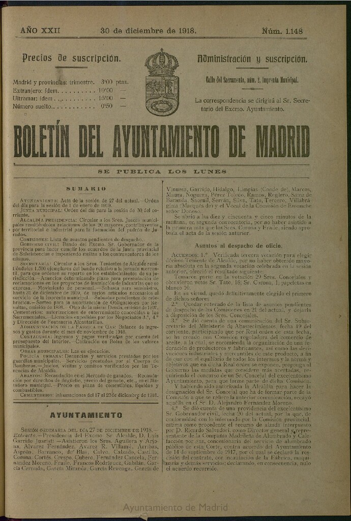 Miniatura de Boletín Oficial del Ayuntamiento de Madrid del 30 de diciembre de 1918, nº 1148
