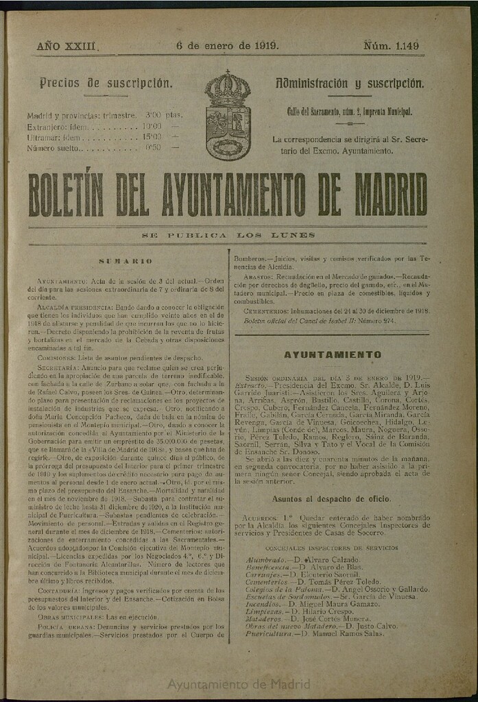 Miniatura de Boletín Oficial del Ayuntamiento de Madrid del 6 de enero de 1919, nº 1149