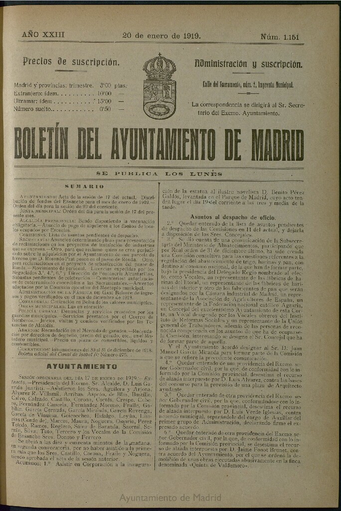 Miniatura de Boletín Oficial del Ayuntamiento de Madrid del 20 de enero de 1919, nº 1151