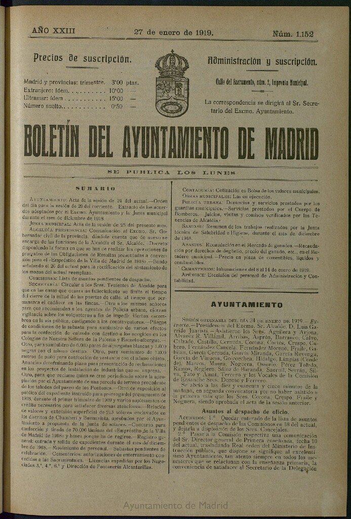 Miniatura de Boletín Oficial del Ayuntamiento de Madrid del 27 de enero de 1919, nº 1152
