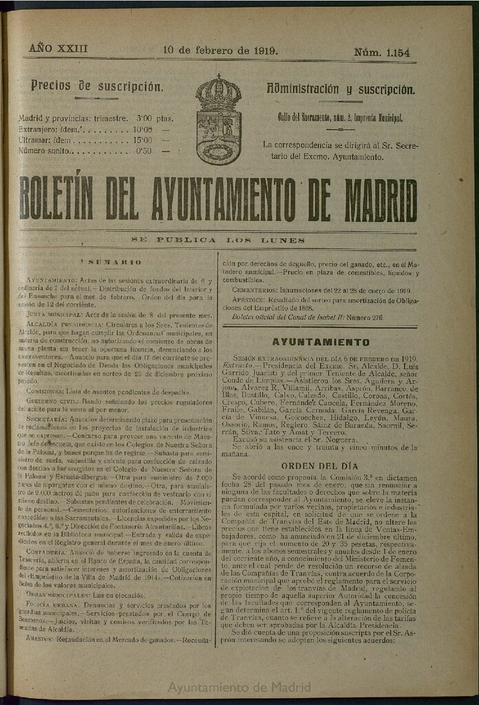 Miniatura de Boletín Oficial del Ayuntamiento de Madrid del 10 de febrero de 1919, nº 1154