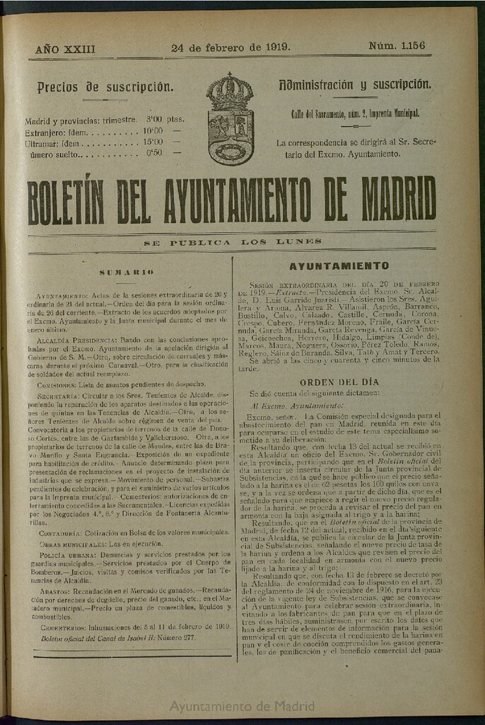Miniatura de Boletín Oficial del Ayuntamiento de Madrid del 24 de febrero de 1919, nº 1156