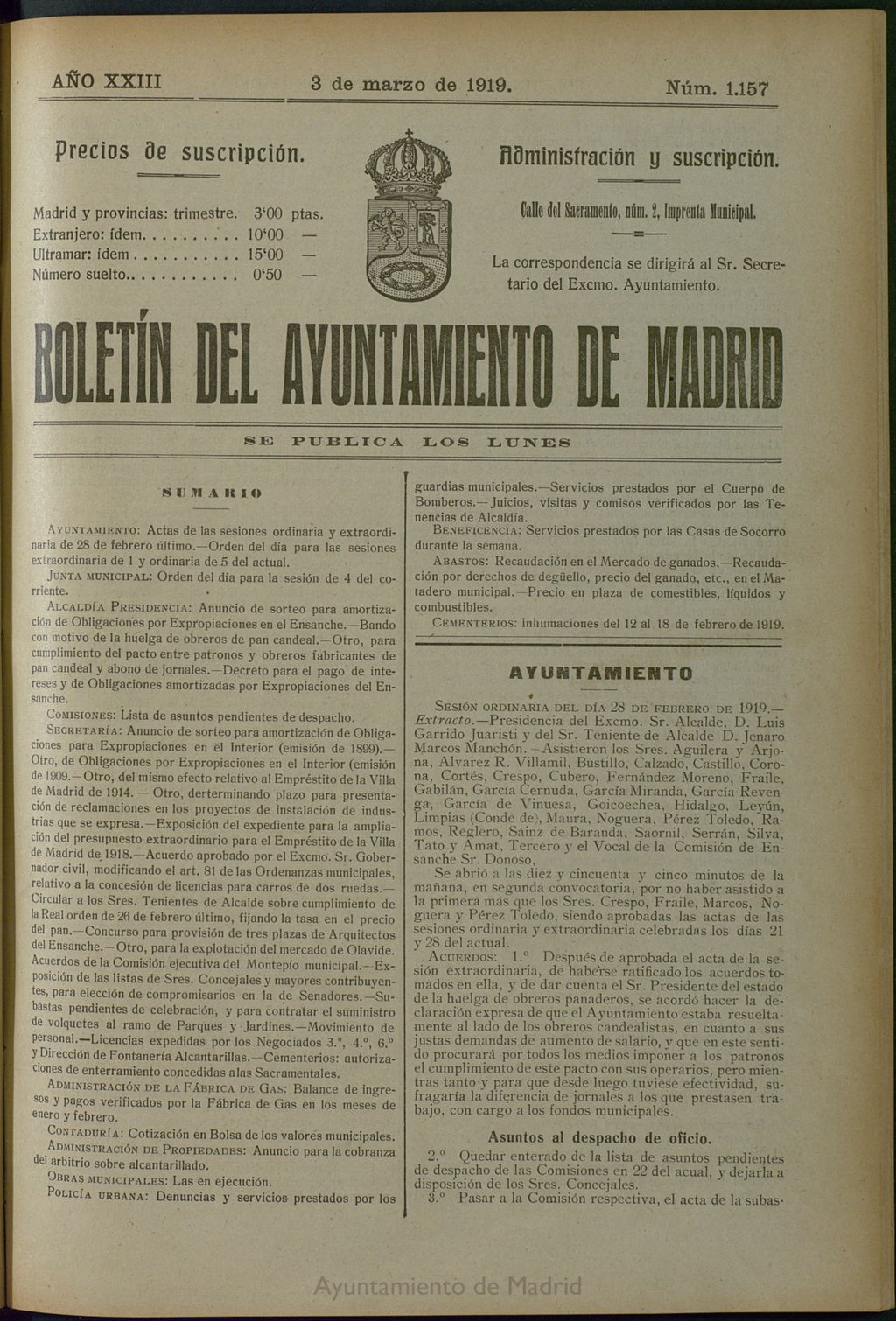 Miniatura de Boletín Oficial del Ayuntamiento de Madrid del 3 de marzo de 1919, nº 1157