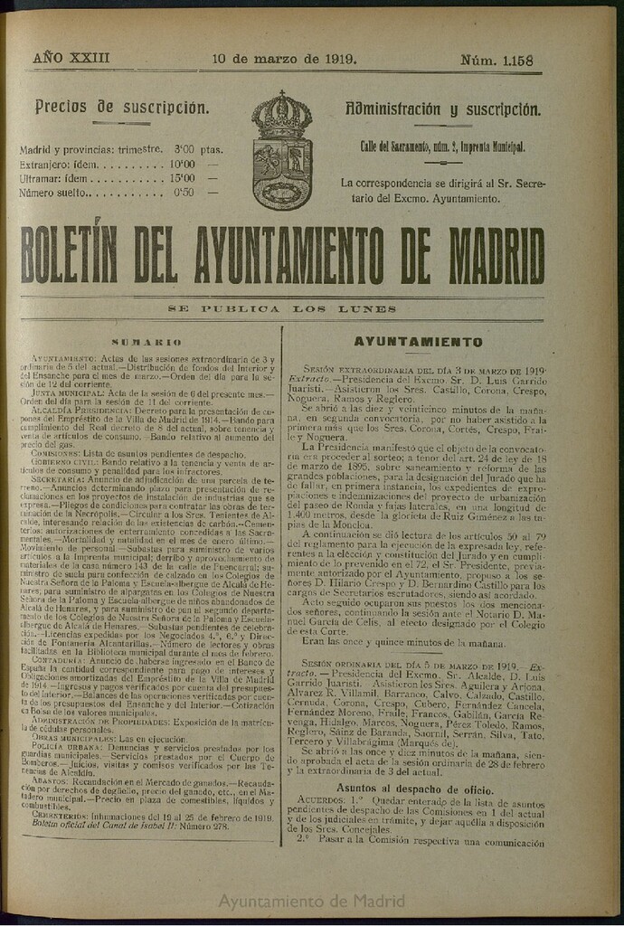 Miniatura de Boletín Oficial del Ayuntamiento de Madrid del 10 de marzo de 1919, nº 1158