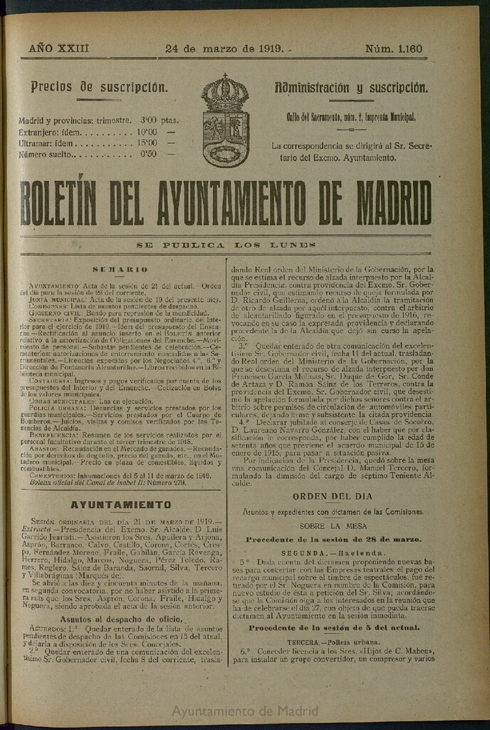 Miniatura de Boletín Oficial del Ayuntamiento de Madrid del 24 de marzo de 1919, nº 1160