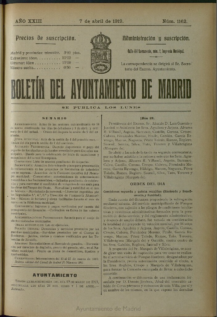 Miniatura de Boletín Oficial del Ayuntamiento de Madrid del 7 de abril de 1919, nº 1162