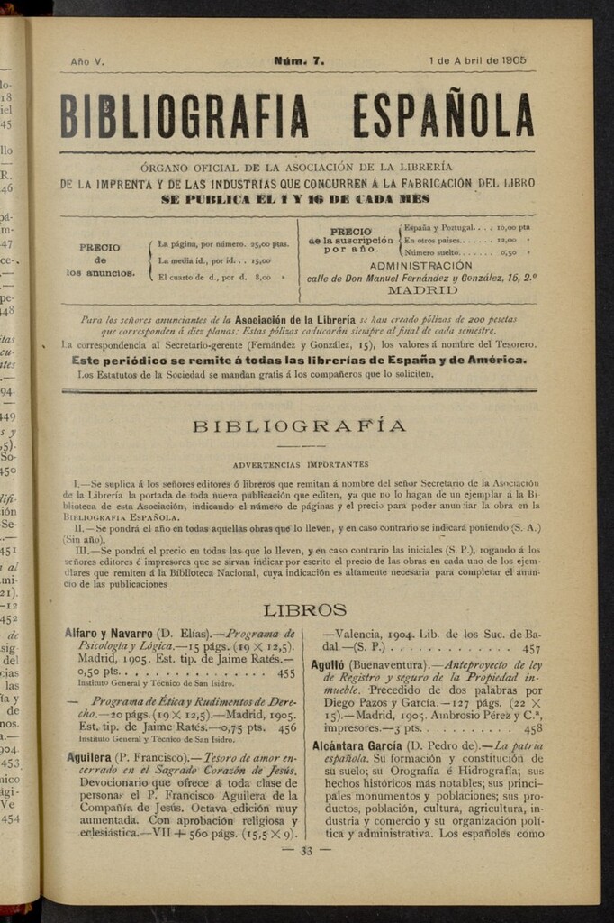 Miniatura de Bibliografía Española del 1 de abril de 1905