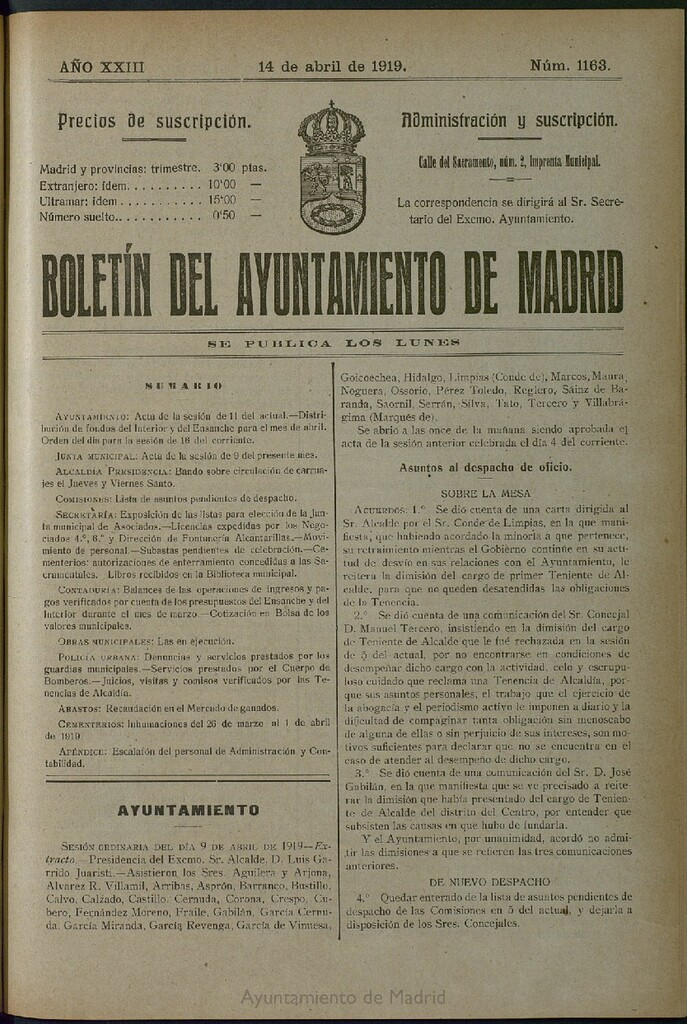 Miniatura de Boletín Oficial del Ayuntamiento de Madrid del 14 de abril de 1919, nº 1163