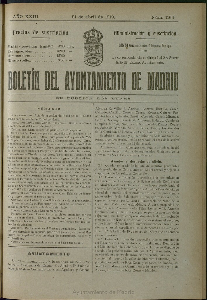 Miniatura de Boletín Oficial del Ayuntamiento de Madrid del 21 de abril de 1919, nº 1164