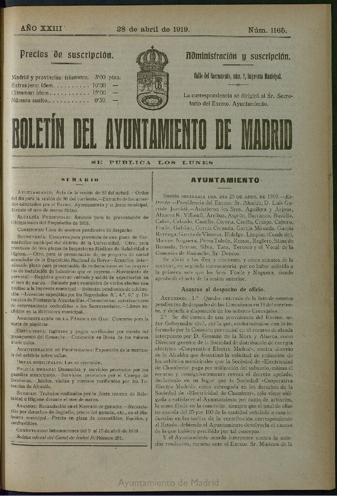 Miniatura de Boletín Oficial del Ayuntamiento de Madrid del 28 de abril de 1919, nº 1165