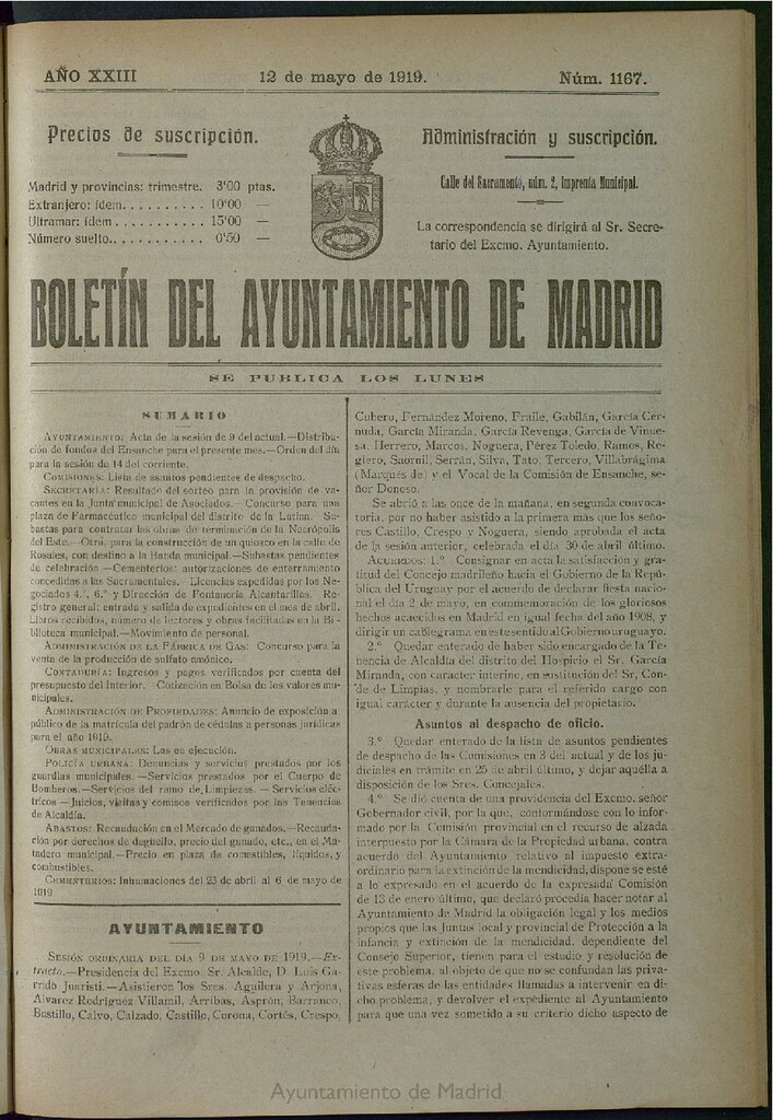 Miniatura de Boletín Oficial del Ayuntamiento de Madrid del 12 de mayo de 1919, nº 1167