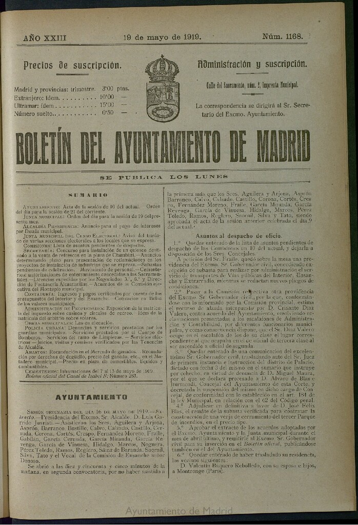 Miniatura de Boletín Oficial del Ayuntamiento de Madrid del 19 de mayo de 1919, nº 1168
