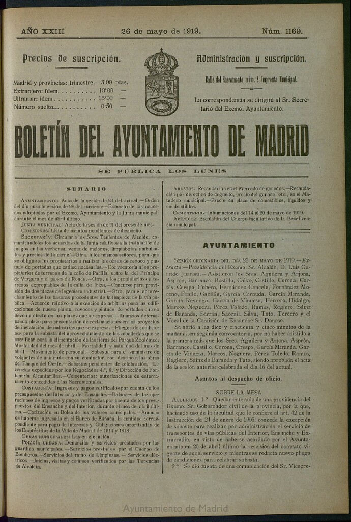 Miniatura de Boletín Oficial del Ayuntamiento de Madrid del 26 de mayo de 1919, nº 1169