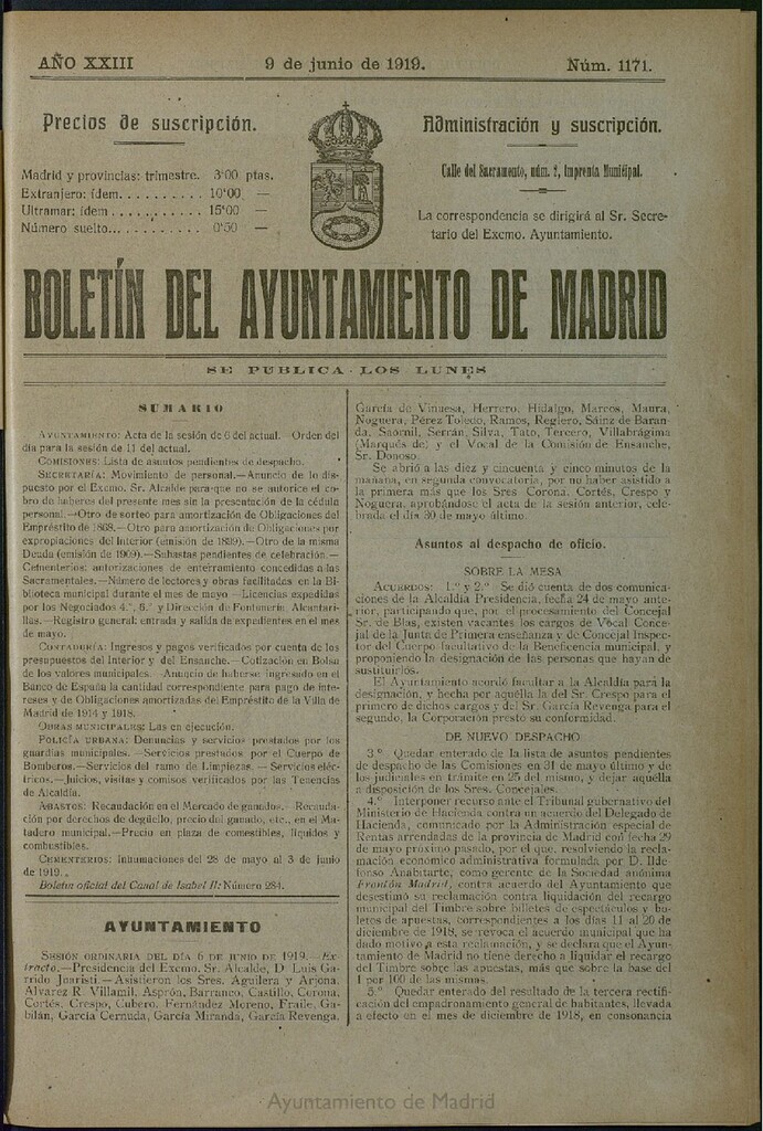 Miniatura de Boletín Oficial del Ayuntamiento de Madrid del 9 de junio de 1919, nº 1171