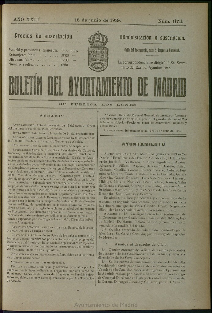 Miniatura de Boletín Oficial del Ayuntamiento de Madrid del 16 de junio de 1919, nº 1172